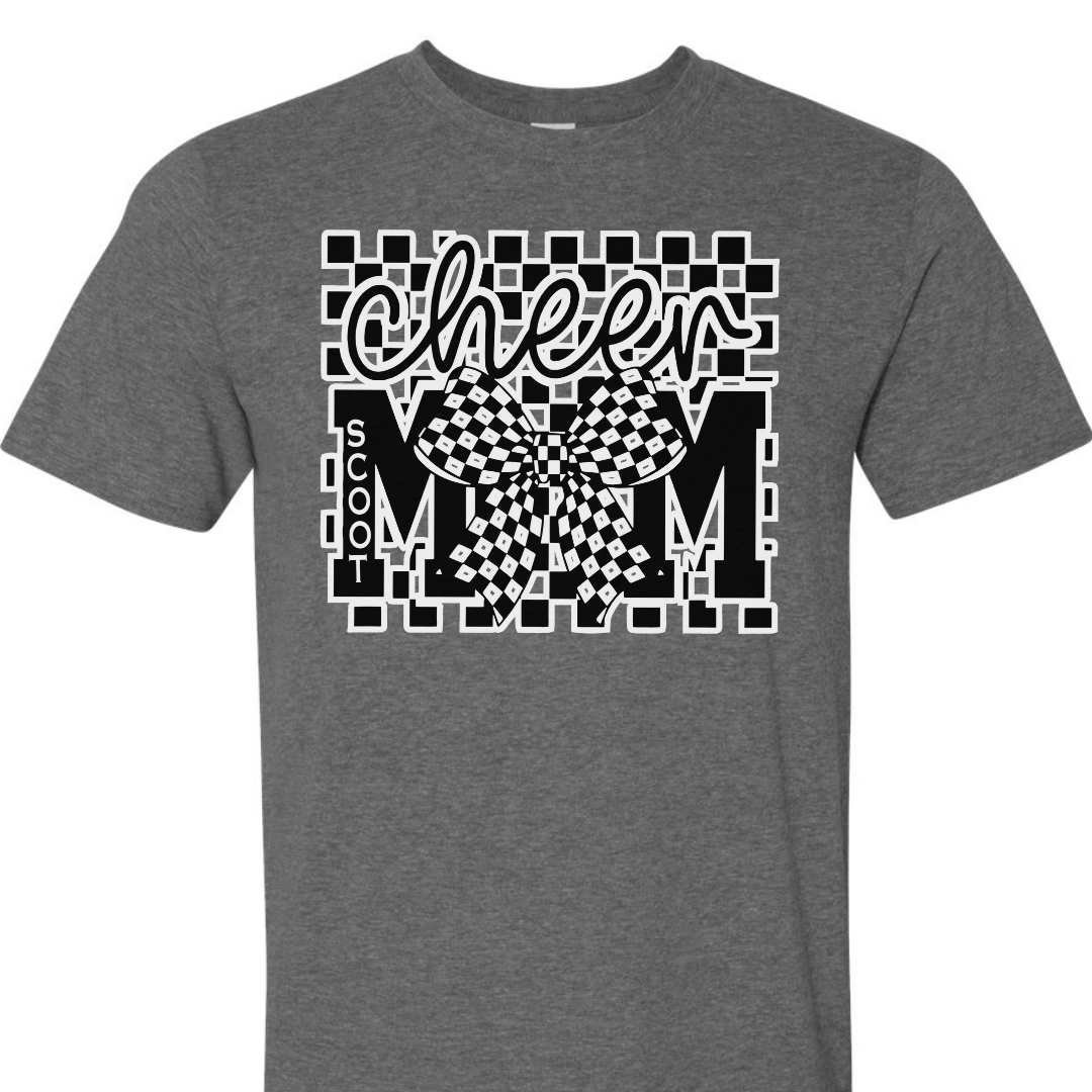 Cheer Mom Black White Checkered Bow T-Shirt