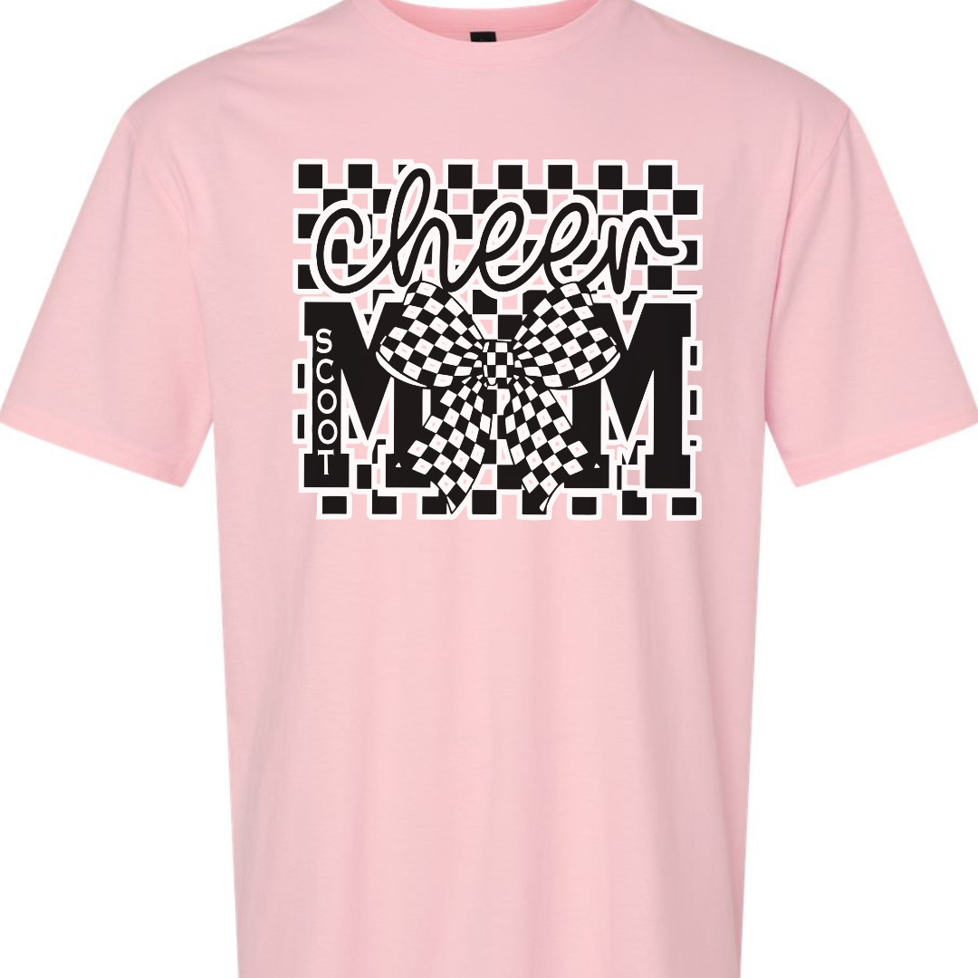 Cheer Mom Black White Checkered Bow T-Shirt