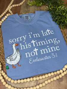 Comfort Colors Sorry I’m Late His Timing Not Mine Goose Shirt