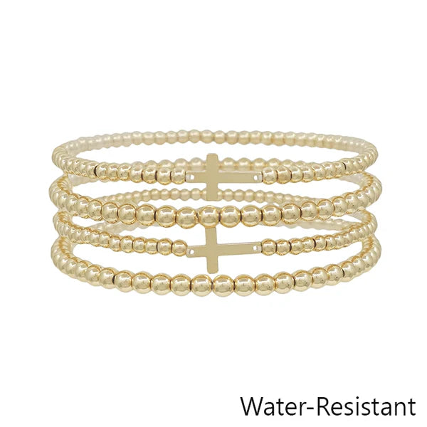 Plain Gold Beaded Stretch Water Resistant Bracelet