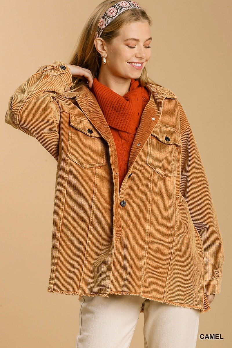 Corduroy Stone Wash Button Up Jacket with Chest Pockets Camel