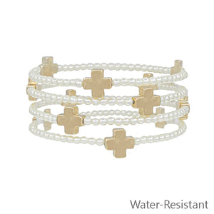 Pearl Beaded with Gold Cross Water Resistant Bracelet