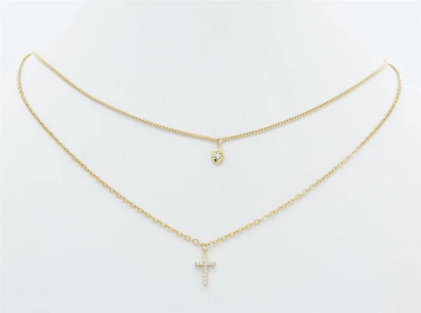 Layered Necklace Rhinestone Cross and Gold 16" 18"