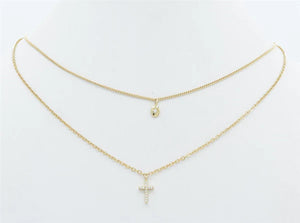 Layered Necklace Rhinestone Cross and Gold 16" 18"