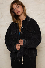 Load image into Gallery viewer, Corduroy Distressed Trucker Jacket Black POL
