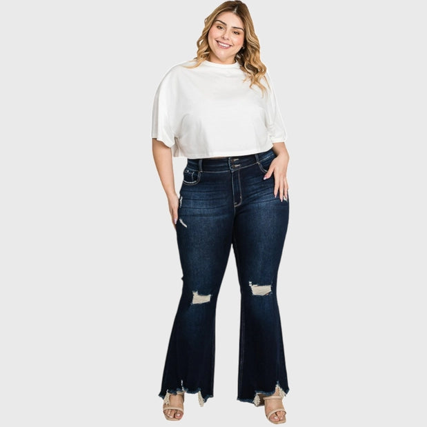 Distressed High Rise Stretch Super Flare Jean Plus