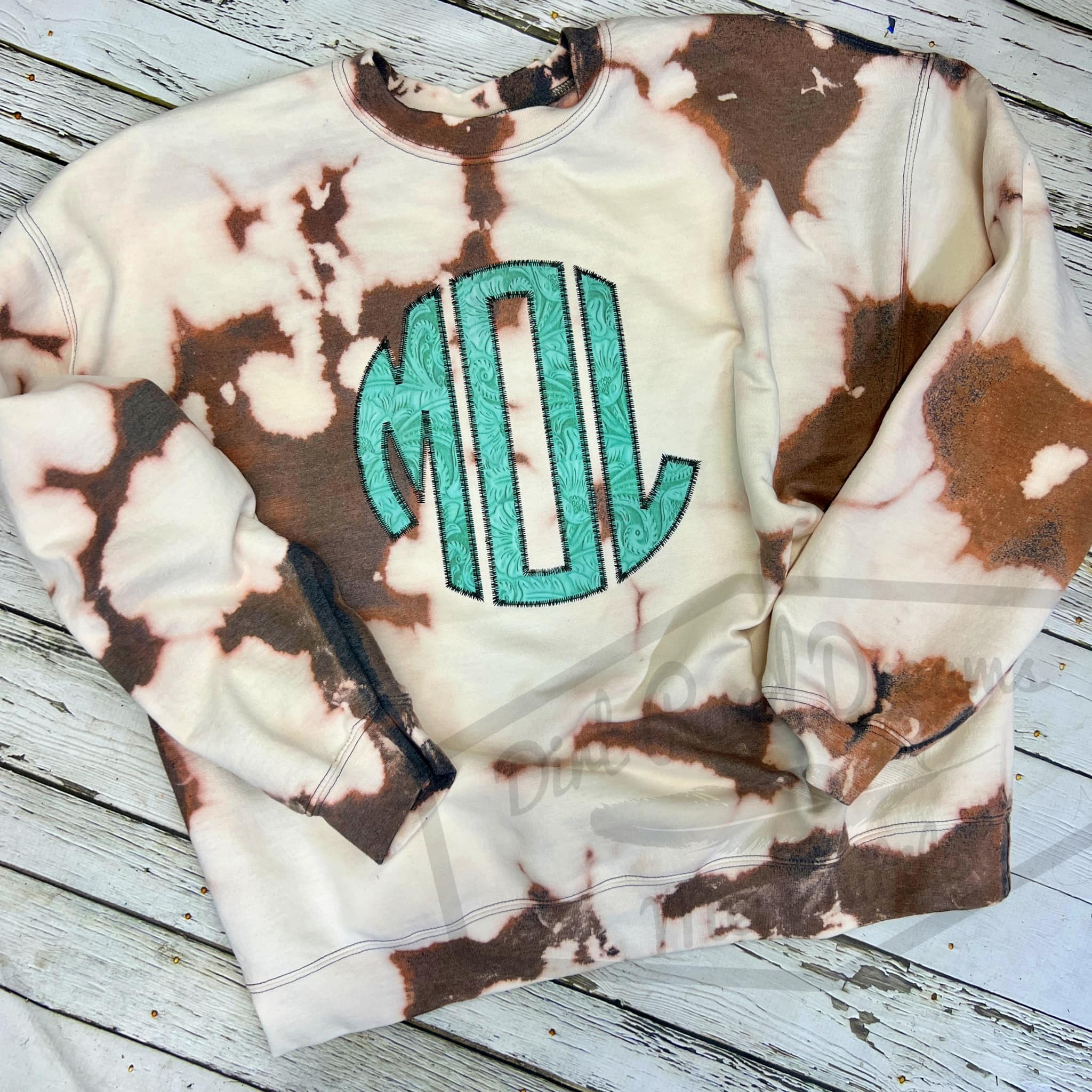 Cowhide Bleached Crewneck Sweatshirt with Turquoise Tooled Leather Fabric  Applique Monogram