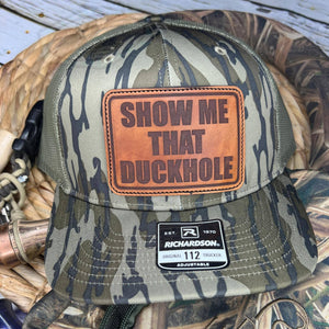 Bottomland Camo Richardson 112 Snapback Trucker Show Me That Duckhole Duck Hunting Leather Patch Hat