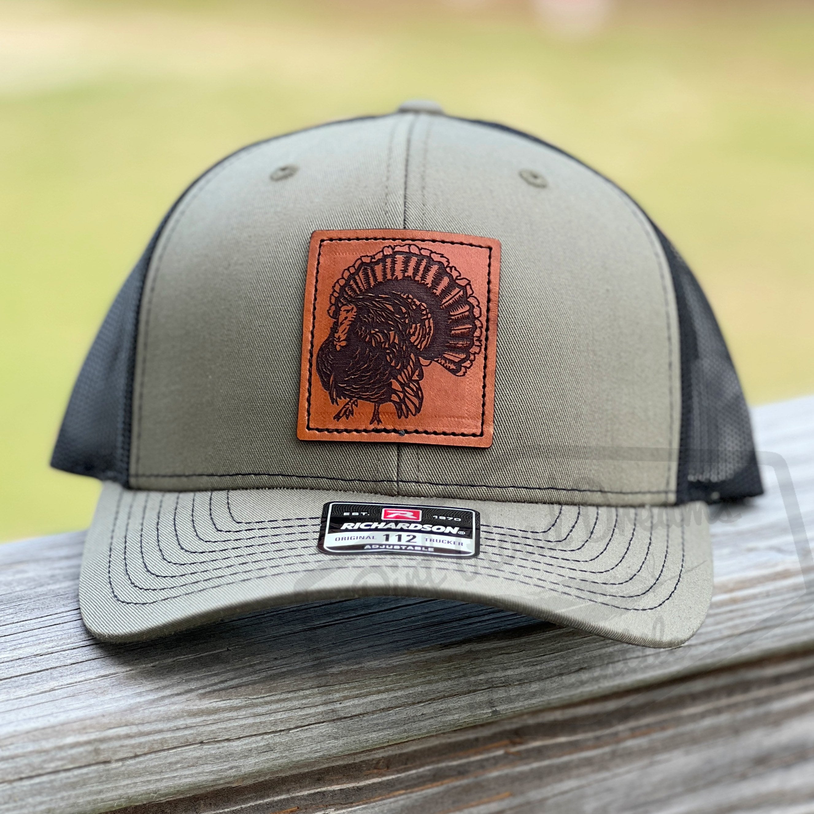 Richardson 112 Snapback Trucker Loden/Black Turkey Hunting Leather Patch Hat SEWN ON